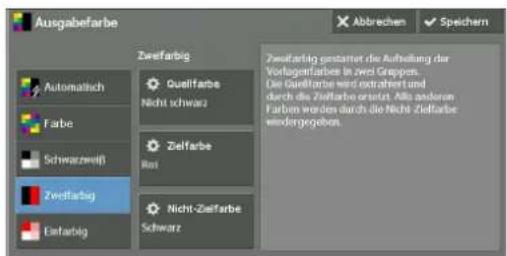 Ausgabefarbe Zwefarbig Automatisch Farbe Schwarzzweift Zwefarbig Einfarbig Qualifarbe Nicht schwarz Zelfarbe Ris Nicht-Zelfarbe Schwarz Abbrechen Speichern Zwefarbig erstarrt die Aufteilung der Vorlagdarfarbe in zwei Gruppen. Die Zelfarbe wird extrahort und durch die Zielfarbe erstellt. Als anderen Farben worden durch die Nicht Zielfarbe erdergegeben.