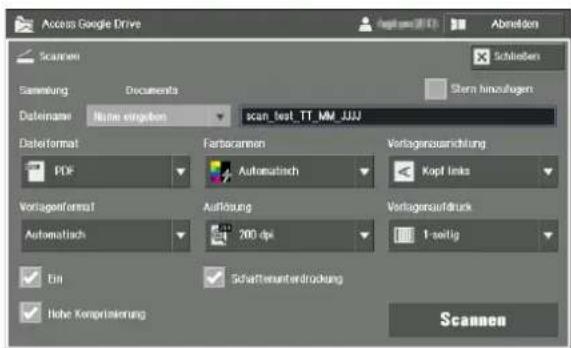 Access Google Drive Abendem Scanen Schließen Einstellung Documents Stern hinzulagen Delleinser Name eingeben scan_test_TT_MM_UUU Dateiformat PDF Fertberanzen Automatisch Verlagensansrichtung Kopf links Vorlagenformat Automatisch Auflösung 200 dpi Verlagensaufdruck Ein Schalterunterdrückung Hobe Konsprinkierung Scannen