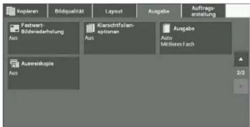 Kopieren Bildqualität Layout Ausgabe Auftrags- erstellung Festwert- Bildwiederholung Aus Aurschtfolien- optionen Aus Ausgabe Auto Mistleres Fach Ausworskopie Aus 2/2