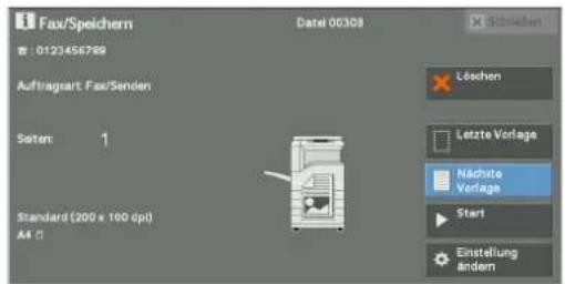Fax/Spiechern Date: 00308 0123456799 Auftragart. Fax/Senden Søten: 1 Standard (200 x 100 dpi) A4 Löchen Letzte Vorlage Nächite Vorlage Start Einstellung andem