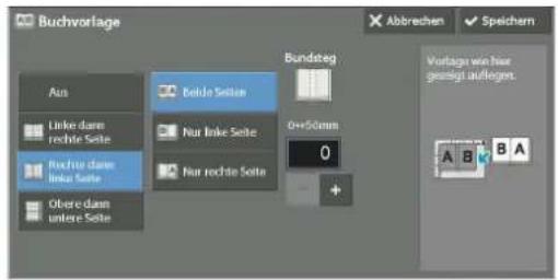 Buchvorlage Ain Linke dann rechte Seite Rochur dann linke Seite Oitere dann untere Seite Beide Seite Nur Inke Seite Nur rechte Seite Bundsteg 0x50mm 0 + Abbrechen ✓ Speichern Vortlage wie hier gezeigt auflegmt. A B A