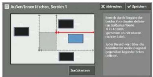 Außen/Innen loschen, Bereich 1 Abbrechen ✓ Speichem Bereich durch Eingabe der beiden Koordinaten delineären (fallafige Werte: 0 x 432mm, gemeinen ab der obzern rechten Eigen) Jeder Bereich wird über die Koordinaten zweite diagonal geperlöse legender Eigen definiert. Zurücksetzen