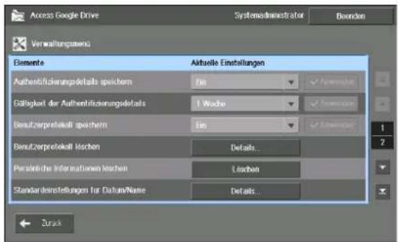 Access Google Drive SystemAdministrator Beorden Verwaltungsmens Elemente Aktuelle Einstellungen Authentifizierungsdetails speichern Ein Götigkeit der Authentifizierungsdetails 1 Woche Beaufzerprele Kuwait speichern Ein Benaufzerprele Kuwait löschen Details... Perschliche Informationen löschen Löschen Standardenstellungen für Datura/Name Details... Zurk