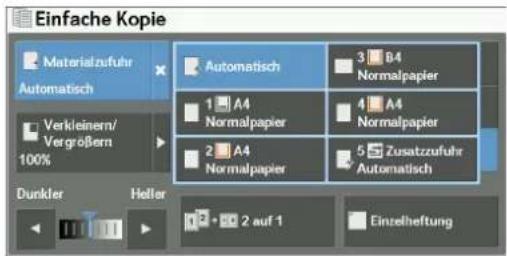 Einfache Kopie Materialzufuhr Automatisch Verkleinem/ Vergrößern 100% Dunkler Heller Automatisch 3 B4 Normalpapier 1 A4 Normalpapier 4 A4 Normalpapier 2 A4 Normalpapier 5 Zusatzzufuhr Automatisch 2 auf 1 Einzelheftung