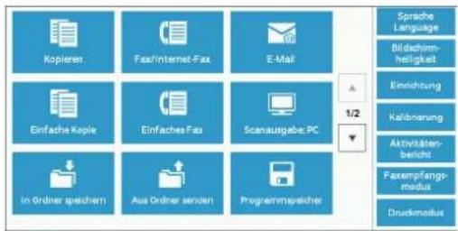 Kopieren Fax/Internet-Fax E-Mail Einfache Kopie Einfaches Fax Scanausgabe PC In Ordiner speichern Aus Ordiner senden Programmapsische Sprache Language Bildachim- helligkeit Einrichtung Kalibrisierung Aktivitäten- bericht Faxempfangi- modus Druckmodus