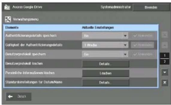 Access Google Drive Systemadministrator Divenden Verwaltungsmend Elemente Aktuelle Einstellungen Authentifizierungsdetails speichern Ein Gefaltigkeit der Authentifizierungsdetails 1 Wacke Benutzerprotokelt speichern Ein Benutzerprotokelt loschen Details... Persönliche Informationen loschen Loschen Standard-benestellungen für Datum/Name Details... Zurück