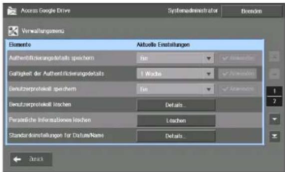 Access Google Drive Systemadministrator Brenden Verwaltungsservizi Elemente Aktuelle Einstellungen Authenüberschreibungsdefahls speichern Ein Gültigkeit der Authenüberschreibungsdefahls 1 Woche Benutzerprotektell speichern Ein Benutzerprotektell loschen Details... Peratentliche Informationen loschen Loschen Standardreinstellungen für Datum/Name Details... Struck