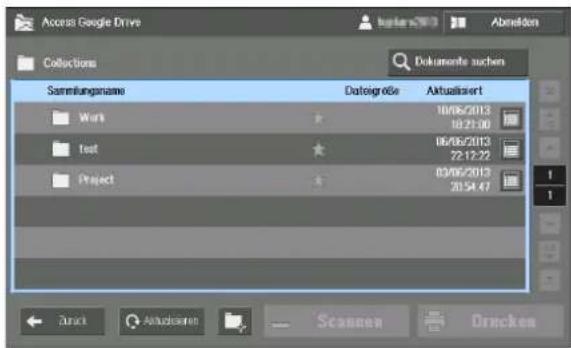 Access Google Drive Abendem Collections Dokumente suchen Sammlungsname Datogröße Aktualisiert Wort 10/06/2013 10.21:00 Test 06/06/2013 22.12:22 Project 03/06/2013 20.54.47 1 1 Zurk Aktualisiert Scannen Drucken
