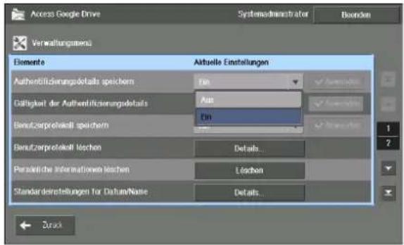 Access Google Drive Systemadministrator Boarden Verwaltungsmens Elemente Aktuelle Einstellungen Authenüfizierungsdetails speichern Ein Gälligkeit der Authenüfizierungsdetails Aus Ein Benaufzerprotekt jeweichem Benaufzerprotekt lechen Details... Persönliche Informationen lechen Lechen Standarderstellungen für Datura/Name Details... Druck