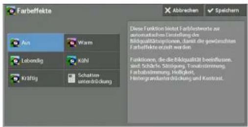 Farbeffekte Air Warm Lebendig Kühl Kräftig Schätien unterdrückung Abbrechen Speichem Diese Funktion bietet Farbeffekte zur automatischen Dinstellung des Bilgualitätserphonien, damit die gewürschten Farbeffekte eracht werden Franklosen, die die Bildqualität beeinflussen, sind. Schäfte, Sättigung, Tumatstimmung, Farbatslimmung, Heizigkeit, Hertragendarbeitwicklung und Kontrast.