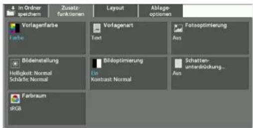In Ordnier speichem Zusetz- funktionen Layout Ablage- optionen Vorlagenfarbe Farbe Bildestellung Helligkeit: Normal Schärfe: Normal Farbraum sRGB Verlagenart Text Bildoptimierung Ein Kontrast: Normal Fotooptimierung Aus Schatten- unterstückung... Aus
