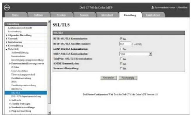 Dell CT765dn Color MFP Systemachkeiten - Abschinen Status Anlage Breaker Senset Abschnet Emissioning Tandstehend SSL/TLS SSL/TLS HTTP, SSL/TLS-Kommunikation: 443 (1 - 0512) HTTP, SSL/TLS-Abschleistung: 443 (1 - 0512) LDAP, SSL/TLS-Kommunikation: 443 (1 - 0512) SMTP, SSL/TLS-Kommunikation: 443 (1 - 0512) Print-Print - SSL/TLS-Kommunikation: 443 (1 - 0512) SMSIE-Kommunikation: 443 (1 - 0512) Serververkämpferung: 443 (1 - 0512) Amwenden Rutschpapiang Shell Power Configuration Web Text for Dell CT765dn Color MFP Version 19