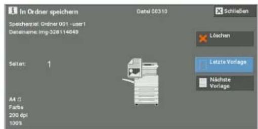 In Ordner speichern Speichannel: Ordner 001 -user1 Datename: Img-328114649 Selzen: 1 All G Farbe 200 dpi 100% Datei 00310 Schließen Löschen Letzte Vorlage Nächete Vorlage
