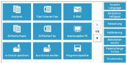 Kopieren Fax/Internet-Fax E-Mail Einfache Kopie Einfaches Fax Scanausgabe PC In Ordiner speichem Aus Ordiner senden Programmappischer Sprache Language Bildeschirm- helligkeit Verwaltung Kellbrierung Aktivitäten- bericht Faxempfangs- modus Druckmodus