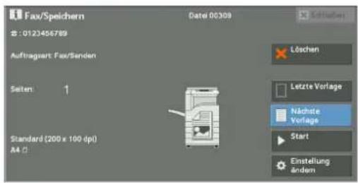 Fax/Speichern Date: 00309 : 0123456789 Auftragart Fax/Senden Seiten: ↑ Standard (200 x 100 dpi) A4: Löchen Letzte Vorlage Nächte Vorlage Start Einstellung ändern