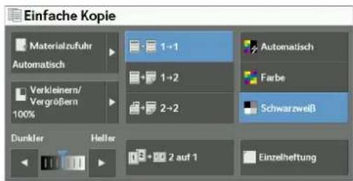 Einfache Kopie Materialzufuhr Automatisch Verkleinern/ Vergroßern 100% Dunkler Heller 1→1 1→2 2→2 Automatisch Farbe Schwarzweiß Einzelheftung