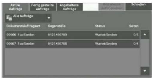 Aktiva Aufträge Fertig gestellte Aufträge Angehaltene Aufträge Schließen Alle Aufträge Dokument/Auftragsart Gegenstelle Status Seiten 00067 FacSenden 0123456789 Wariet/Senden 0/3 00067 FacSenden 0123456788 Wariet/Senden 0/4