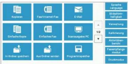 DELL C7765dn - Administratoranmeldung
Administratorkennung:
1 2 3 4 5 6 7 8 9 0 ...
Rücktaste
\ q w e r t y u i o p
a s d f g h j k l
Umsch x x c v b n m , . / Umsch.
Mehr Zeichen Leertaste ← →

Unter [Einrichtung] können Sie Ordner, Verarbeitungsprofile und das Adressbuch anlegen und aktualisieren.

In den folgenden Abschnitten finden Sie Hinweise zu den einzelnen Einstellungen.

Ordner erstellen....439

Programmspeicher....441

Vcrarbeitungsprofil erstellen....442

Verarb.profil-Schlüsselwort erstellen 450

Adressbucheintrag hinzufügen 450

Faxempfangsgruppe erstellen 458

Faxtext hinzufügen 459

Behälterattribute 459

1 Wählen Sie auf dem Bildschirm [Verwaltung] die Option [Einrichtung] aus.

Informationen zum Anzeigen des Bildschirms [Verwaltung] finden Sie unter „Vorgehensweise zum Ändern von Systemeinstellungen“ (P.306).

2 Wählen Sie ein Element aus, das festgelegt oder geändert werden soll. - 1