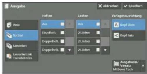 Ausgabe Auto Sortiert Unsortiert Unsortiert mit Transblätterns Heften Aus Einzelfeht Doppelheft Doppelheft Lochen 2 Löcher 2 Löcher 2 Löcher Lochen Verlagenausrichtung Kopf übers Kopf links Ausgabasiel/ Versatz Mistens Fach