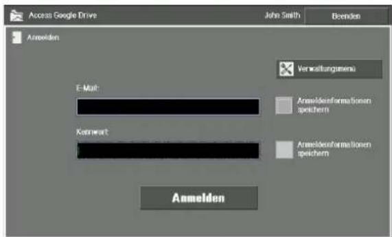 Access Google Drive John Smith Beenden Anmelden E-Mail: Kenmark Verwaltungsmens Anmeldeninformationen speichern Anmeldeninformationen speichern Anmelden