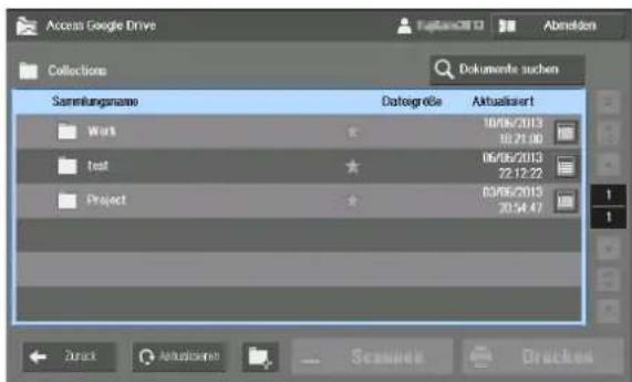 Access Google Drive Abemden Collections Dokumente suchen Sammlungsnames Datagroße Aktualisiert Work * 18/06/2013 18.21.00 test * 06/06/2013 22.12.22 Project * 03/06/2013 20.54.47 1 1 Zurack Aktualisierte Scandate Druckt