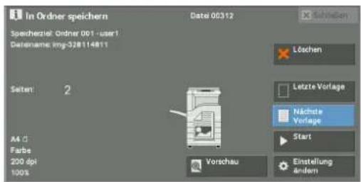 In Ordner speichern Speicherziel: Ordner 001 -user1 Gesienname: Img-328114811 Datei 00312 Löschen Letzte Vorlage Nächte Vorlage Start Einstellung ändern Seiten: 2 A4 d Farbe 200 dpi 100% Vorschau