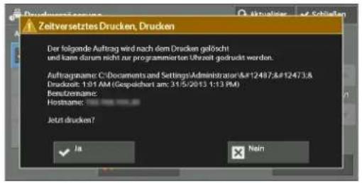 Zeitversetztes Drucken, Drucken Der folgende Auftrag wird nach dem Drucken gelöscht und kam darum nicht zur programmierten Uhrzeit gedaudt werden. Auftragsname: C:\Documents and Settings\Administrator\A#12487\ス\&# Druckzeit: 131 AM (Gespauchart am: 31/5/2013 1:13 PM) BemZragsname: Hostname: Jetzt drucken? Ja Nain Jang ist erforderlich, wenn Sie [Zweimal eingeben] unter [Empfänger bestätigen] ausgewählt haben. Wählen Sie die Art der Bestätigung eines Empfängers nach der ersten Eingabe aus. \- Nur einmal eingeben Die Bestätigung des Empfängers ist nicht notwendig. \- Zweimal eingeben Verwenden Sie die Kurzwahlfunktion zur Bestätigung des Empfängers. • Faxnummer/E-Mail-Adresse bestätigen Wenn Sie die Nummer oder Adresse erneut eingeben, können Sie die Kurzwahl nicht verwenden. Verwenden Sie die Faxnummer, Telefonnummer oder E-Mail-Adresse zur Eingabe des Empfängers. Startet den Druckvorgang des Auftrags. Nach dem Drucken wird der Auftrag gelöseht. Nein Empfängers ist nicht notwendig. \- Zweimal eingeben Verwenden Sie die Kurzwahlfunktion zur Bestätigung des Empfängers. • Faxnummer/E-Mail-Adresse bestätigen Wenn Sie die Nummer oder Adresse erneut eingeben, können Sie die Kurzwahl nicht verwenden. Verwenden Sie die Faxnummer, Telefonnummer oder E-Mail-Adresse zur Eingabe des Empfängers. Bricht den Druckvorgang des Auftrags ab. Gesperrte Aufträgeigung des Empfängers. • Faxnummer/E-Mail-Adresse bestätigen Wenn Sie die Nummer oder Adresse erneut eingeben, können Sie die Kurzwahl nicht verwenden. Verwenden Sie die Faxnummer, Telefonnummer oder E-Mail-Adresse zur Eingabe des Empfängers. Mit dieser Funktion werden Benutzer auf dem Gerät authentifiziert, um zu verhindern, dass nicht berechtigte Benutzer Druckaufträge ausführen. Wenn die Funktion aktiviert ist, druckt das Gerät nur Aufträge von authentifizierten Benutzern. Sie können das Gerät auch so konfigurieren, dass Druckaufträge vorübergehend gespeichert und dann über die Bedienerkonsole des Geräts gedruckt werden. Wenn unter [Verwaltung] > [Authentifizierung/Sicherheit] > [Authentifizierung] > [Gesperrte Aufträge] > [Auftragssteuernung] festgelegt wurde, dass empfangene Druckaufträge als mithilfe der Funktion „Gesperrte Aufträge“ erstellte Aufträge gespeichert werden, werden die Aufträge nach der Rechnungs-ID gespeichert. Aufträge, die keine Rechnungs-ID vom Druckertreiber erhalten haben, werden unter [(Keine Anmeldung)] gespeichert. Weitere Informationen zum Registrieren von Benutzerkennungen auf dem Gerät finden Sie unter „Benutzerkonten erstellen/anzeigen“ (P.460). HINWEISn nach der Eingabe einer Gruppenadresse zur Bestätigung erneut eingegeben werden müssen. • Gruppenwahl deaktiviert Kein Gruppenempfänger zulässig. \- Nur einmal eingeben Die Bestätigung des Gruppenempfängers ist nicht notwendig. \- Zweimal eingeben Die Bestätigung des Gruppenempfängers ist erforderlich. Im Gegensatz zur Funktion „Private gesperrte Aufträge“ kann die Funktion „Gesperrte Aufträge“ Aufträge ohne Benutzerkennung speichern, z. B. E-Mail-Druckaufträge und vom Dell-Webtool für die Druckerkonfiguration gesendete Druckaufträge, und diese Aufträge nach dem Authentifizieren der Benutzer drucken. Die Funktion [Gesperrte Aufträge] wird angezeigt, wenn Sie im Verwaltungsmodus die Option [In "Gesperrte Aufträge" speichern] mithilfe eines der folgenden Verfahren auswählen: Wählen Sie [In "Gesperrte Aufträge" speichern] in [Auftragssteuerung] aus. Wählen Sie [Gemäß Kostenzählung] in [Auftragssteuerung] und anschließend [In "Gesperrte Aufträge" speichern] in [Bei falscher Anmeldung] aus. Wählen Sie [Gemäß Kostenzählung] oder [In "Private gesperrte Aufträge" speichern] in [Auftragssteuerung] aus, und wählen Sie dann [In "Gesperrte Aufträge" speichern] in [Auftrag ohne Kennung] aus. Informationen zum Einrichten der Funktion „Gesperrte Aufträge“ finden Sie unter „Gesperrte Aufträge“ (P.477). Nachfolgend wird beschrieben, wie Sie mithilfe der Funktion „Gespernte Aufträge“ gespeicherte Aufträge drucken oder löschen können. 1 Drücken Sie die -Taste auf der Bedienerkonsole, oder wählen Sie auf dem Touchscreen das Anmeldungsfeld aus. 2 Geben Sie die Benutzerkennung ein, und wählen Sie [Eingabe] aus. HINWEIS • Wenn ein Zugriffscode festgelegt wurde, geben Sie die Benutzerkennung ein, und wählen Sie [Weiter] aus. Geben Sie dann den Zugriffscode ein, und wählen Sie [Eingabe] aus. - Während der Authentifizierung eines Benutzers leuchtet die -Taste auf der Bedienerkonsole auf. - Wenn Sie sich vom Gerät abmelden möchten, drücken Sie die -Taste auf der Bedienerkonsole. text_imagehlwdh-gespeicherte-einträge"> Anmeldung User ID: Abbrechen Eingabe Text loschen Rücktaite 1 2 3 4 5 6 7 8 9 0 \ q w e r t y u i o p a s d f g h j k l Umsch z x c v b n m . / Umsch Mehr Zeichen Leertaste Eine „Abrufdatei“ bedeutet, dass im öffentlichen Ordner des Geräts ein Dokument für den Abruf gespeichert wird, das dann durch einen Vorgang der anderen Partei gesendet werden kann. 3 Wählen Sie [Gesperrte Aufträge] aus. 4 Wählen Sie den zu überprüfenden Benutzer und dann [Dateiliste] aus. HINWEIS • Wählen Sie [Aktualisier.] aus, um die aktualisierten Informationen anzuzeigen. - Wählen Sie [▲aus, um zum vorherigen Bildschirm zurückzukehren, oder [▼]um zum nächsten Bildschirm zu wechseln. - Sie können mithilfe des Ziffernblocks eine Benutzerkennung in das Feld [Zu Eintrag] eingeben, um diese an erster Stelle in der Liste anzuzeigen. text_imageG3-Kommunikation können Sie auswählen, ob Faxempfängern die G3-Kennung übermittelt werden soll. Gesperte Aufträge 001 (Keine Anwendung) Zu-Entrag 001 ↔ 200 Aufträge: B Datellate 5 Geben Sie den Zugriffscode ein, und wählen Sie [Bestätigen] aus. HINWEIS • Wenn kein Zugriffscode festgelegt wurde, wird der Bildschirm zum Eingeben des Zugriffscodes nicht angezeigt. text_imagert für den Zeitraum zwischen dem Ende der einen Übertragung und dem Beginn der nächsten von 3 bis 255 Sekunden in Schritten von 1 Sekunde an. Bei einem längeren Übertragungsintervall steigt die Gesamtzeit für das Senden einer Rundsendung, lässt jedoch zu, dass Anrufe während der Standby-Zeit angenommen werden können. user1 Zugriffcode Abbrechen Gesamtgen Wenn mehrere Faxadressen für ein Ziel auf dem Gerät gespeichert werden und so die Funktion Stapel senden ausgeführt werden kann, können Sie alle gleichzeitig in einer einzelnen Faxübertragung senden. Mithilfe dieser Funktion können Sie Ihre Kommunikationskosten senken. Wählen Sie aus, ob die Funktion Stapel senden aktiviert werden soll oder nicht. Beachten Sie, dass das Stapelsenden für die Funktionen „Manuelle Übertragung“, „Rundsenden“, „Relaisrundsenden“, „Gegenstellenordner“ und „Zeitversetztes Senden“ zu einem festgelegten Zeitpunkt nicht vor dem angegebenen Zeitpunkt zur Verfügung steht. Wenn Sie die Funktionen „Wahlwiederholung“, „Sendewiederholung“, „Zeitversetztes Senden“ oder „Authentifizierung“ verwenden, um einen Auftrag von unterschiedlichen Benutzern an dieselbe Adresse zu senden, ist kein Stapelsenden möglich. 6 Wählen Sie den zu druckenden bzw. zu löschenden Auftrag aus. text_image oder „Abgenommener Hörer“ beim Senden einer Faxmitteilung verwendet wird, wählen Sie entweder [Manuell empfangen] oder [Manuell senden] aus. (Keine Anmeldung) Anzahl gewählter Aufträge 1/8 C:\Documents and Settings\Administrator &F12487\&F12473\&F12463; 201 3/03/09 10:00:15 13mil. 1 Auto 1 selt. Aus C:\Documents and Settings\Administrator &F12487\&F12473\&F12463; 201 3/04/02 10:00:02 13mil. 1 Auto 1 selt. Aus C:\Documents and Settings\Administrator &F12487\&F12473\&F12463; 201 3/05/09 11:48:20 13mil. 1 Auto 1 selt. Aus C:\Documents and Settings\Administrator &F12487\&F12473\&F12463; 201 3/05/09 11:48:22 13mil. 1 Auto 1 selt. Aus Löschen 100 fx Drucken Wenn die Länge eines empfangenen Faxdokuments über die Papierlänge hinausgeht, jedoch innerhalb des Grenzwerts für einen Seitenumbruch liegt, können Sie auswählen, ob das Bildformat automatisch an das Seitenformat angepasst werden soll. Diese Einstellung kann bequem zusammen mit der Funktion „Rand“ verwendet werden. Wenn Sie [Nein] auswählen, wird der Teil des Bildes ignoriert, der über die Papierlänge hinausgeht. 7 Wählen Sie eine Option aus. 8 Geben Sie die Anzahl der Drucksätze für den Druckvorgang über den Ziffernblock ein. Löschenpierformat, auf dem das empfangene Faxdokument gedruckt werden soll, vom Empfänger an den Sender übermittelt wird. Löscht den mithilfe der Funktion „Gesperrte Aufträge“ gespeicherten Auftrag. Weitere Informationen hierzu finden Sie unter „Bei Auswahl von [Löschen]“ (P.223). Auflageälter an, der zum Drucken des empfangenen Faxdokuments verwendet wird. Nur der angegebene Materialbehälter wird zum Drucken des empfangenen Dokuments verwendet. Abgeschen von Behälter 5 können mehrere Materialbehälter angegeben werden. Wenn das Faxdokument nicht auf dem Papier in den angegebenen Materialbehältern gedruckt werden kann, zeigt das Gerät eine Meldung an, die besagt, dass auf dem Papier in Behälter 5 gedruckt wird. Legen Sie Papier in Behälter 5 ein, und drücken Sie die Geben Sie die Anzahl der Drucksätze über den Ziffernblock ein. Druckente zum Drucken empfangener Faxdokumente an. Unabhängig davon, ob Papier in die Behälter eingefüllt ist, wird nur Papier im angegebenen Format für den Druckvorgang verwendet. Wenn Sie [Bedienung] auswählen, wählen Sie aus den Papierformaten [A3□, [A4 ]□A4 ], [A5 ], [B□], [B5□, [8,5 □11"] und [Alle auswählen] aus. Sie können ein oder mehrere Papierformate auswählen. Druckt den mithilfe der Funktion „Gesperrte Aufträge“ gespeicherten Auftrag. Nach dem Drucken wird der Auftrag gelöscht. Weitere Informationen hierzu finden Sie unter „Bei Auswahl von [Drucken]“ (P.223). Bei Auswahl von [Löschen] auf ein einzelnes A4-Blatt gedruckt. Wenn unter [Empfang/Materialformat] jedoch Papier desselben Formats wie das Format des empfangenen Dokuments angegeben wird, wird dieses auf dem angegebenen Papierformat gedruckt. Abhängig von den Formaten des empfangenen Dokuments ist der Mehrfachdruck möglicherweise nicht möglich. 1 Wählen Sie [Löschen] aus. text_imagenn Sie [Ein] auswählen, ist die Funktion „Seitenaufdruck“, abhängig von den Daten nicht immer möglich. Gesperierte Aufträge löschen Ausgewählten Auftrag wirklich löschen? Berutzerkennung: (Keine Anmeldung) Auftragsname: CD Documents and Settings: Administrator & #12487. & #12473; Gespielchen lat: 2/4/2013 10:47 AM Läschen Abbrechen Geben Sie den Wert für die Randausblendung des Dokuments für den Rand links und rechts an. Geben Sie einen Wert von 0 bis 20 mm in Schritten von 1 mm an. Löschen-a4"> Löscht den Auftrag. HINWEIS • Nach dem Löschen eines Auftrags kann er nicht wiederhergestellt werden. Abbrechenus auswählen. Wenn Sie diesen Modus auswählen, kann das Gerät die Verarbeitungsmethode für Graustufen (Raster) ändern, um cinc mit Fotos vergleichbare Qualität zu erzielen. Wählen Sie entweder [Fehlerdiffusion] oder [Dither] aus. Durch die Änderung dieser Einstellung wird auch die Fotoabstufung für Vorlagenfarbe (Schwarzweiß) geändert. Bricht den Löschvorgang des Auftrags ab. Bei Auswahl von [Drucken]b die Funktion Ordnerauswahl verwendet werden soll. Die Funktion Ordnerauswahl ermöglicht es Ihnen, empfangene Faxmitteilungen nach Leitungsart zu klassifizieren und in Ordner zu speichern. 1 Legen Sie fest, wie der Auftrag nach dem Drucken verarbeitet werden soll. HINWEIS • Wenn die Einstellung auf dem [Druckauftragsbestätigung] im Verwaltungsmodus auf [Aus] festgelegt ist, wird der rechts dargestellte Bildschirm nicht angezeigt. Wenn die Option [Aus] ausgewählt wurde, löscht das Gerät den Auftrag nach dem Drucken automatisch, ohne den Bestätigungsbildschirm anzuzeigen. Weitere text_imageBestätigungsanzeige fest, wie das Gerät die teilweise gespeicherten Daten nach Ablauf einer bestimmten Zeit verarbeiten soll. Sie können die Zeitdauer festlegen, nach der die Maßnahme bei Speichermangel durchgeführt wird. Weitere Informationen finden Sie unter „Auto-Freigabe“ (P.325). Gesperte Aufträge Der gewählte Auftrag wird gedruckt. Beratzerkennung: (Keine Anmeldung) Auftragsname: C:\Documents and Settings\Administrator\デ\ス Gespeichert am: 2/4/2013 10:47 AM Auswählen, ob der Auftrag anschließend gefücht oder gespeichert worden soll Drucken & Ilechen Speichern & drucken Abbrachen Informationen hierzu finden Sie unter „Druckauftragsbestätigung“ (P.431). Drucken & löschentvorlagenmodus Startet den Druckvorgang des Auftrags. Nach dem Drucken wird der Auftrag gelöscht. Speichern & druckenwird, kann es zu Bildverlusten kommen, wenn die folgenden Vorlagentypen gescannt werden: \- Vorlagen, die kein Standardformat aufweisen \- Vorlagen im Format B4 mit der Einstellung „Zoll“ in [Materialformateinstellung]. Startet den Druckvorgang des Auftrags. Der Auftrag wird nach dem Drucken nicht gelöscht. Abbrechener Einstellung „Zoll“ in [Materialformateinstellung]. Bricht den Druckvorgang des Auftrags ab. Private gesperrte Aufträgerlagen übersprungen und nur Seiten übertragen werden sollen, die nicht leer sind. HINWEIS • Diese Funktion ist nur für Kundendienstzwecke. Weitere Informationen erhalten Sie beim Kundendienst unter dell.com/contactdell. Mit dieser Funktion können Sie Druckdaten für die einzelnen Authentifizierungs-Benutzerkennungen vorübergehend im Gerät speichern und dann über die Bedienerkonsole des Geräts anfordern, dass die Daten gedruckt werden. Da Sie mit dieser Funktion festlegen können, dass nur notwendige Aufträge gedruckt werden, können Sie verhindern, dass unnötige Aufträge gedruckt werden. Darüber hinaus zeigt das Gerät nur die Aufträge authentifizierter Benutzer sowie der mit ihnen verknüpften untergeordneten Benutzer an, um die Daten der Benutzer zu schützen. Die Funktion „Private gesperrte Aufträge“ cignet sich zum Authentifizieren und Verwalten spezifischer Benutzer, die vom Systemadministrator verwaltet werden. Wenn festgelegt wurde, dass empfangene Druckaufträge mithilfe der Funktion „Private gesperrte Aufträge“ gespeichert werden, werden diese für die jeweilige Authentifizierungs-Benutzerkennungen gespeichert. HINWEIS die Anzeige der mittels Ordnern empfangenen Faxinformationen fest. Wenn Sie z. B. Network Scanner Utility 3 verwenden, werden die Faxinformationen im Abschnitt [Empfänger] auf dem Bildschirm mit der Dateiliste angezeigt. Die Prioritäten sind in die Stufen 1 bis 3 eingeteilt. Es können alle Prioritäten festgelegt werden; wenn Sie jedoch nur eine Prioritätsstufe anzeigen möchten, sollten Sie nur eine einzige Stufe für alle Prioritäten festlegen. - [Private gesperrte Aufträge] wird angezeigt, wenn [Auftragssteuerung] unter [Einstellungen für (private) gesperrte Aufträge] auf eine der beiden folgenden Einstellungen festgelegt ist: - Wählen Sie [Gemäß Kostenzählung] unter [Auftragssteuerung] und [In "Priv. gesperrte Aufträge" speichern] unter [Bei erfolgreicher Anmeldung] aus. - Wählen Sie [In "Priv. gesperrte Aufträge" speichern] unter [Auftragssteuerung] aus. - Wenn die Funktion „Private gesperrte Aufträge“ ausgewählt wurde, können Sie im Druckertreiber nicht den Normaldruck bzw. die Funktionen „Geschützte Ausgabe“, „Probeexemplar“ oder „Druckverzögerung“ angeben. Die Funktion „Private gesperrte Aufträge“ schränkt die Verwendung des Geräts ein, sodass entweder eine Authentifizierung über eine Benutzerkennung oder eine Karte oder über beide erforderlich ist. Weitere Informationen zu den Authentifizierungsoptionen finden Sie unter „Authentifizierungsarten“ (P.564). Um einen Druckauftrag zu löschen, der mithilfe einer ungültigen Benutzerkennung in Auftrag gegeben wurde, melden Sie sich als Systemadministrator an, und zeigen Sie die Liste der Druckaufträge an. Wählen Sie anschließend den zu löschenden Auftrag aus. Weitere Informationen hierzu finden Sie unter „Löschen eines privat gesperrten Druckauftrags mit einer ungültigen Benutzerkennung“ (P.281). Informationen zum Einrichten einer Benutzerkennung finden Sie unter „Gesperrte Aufträge“ (P.477). Nachfolgend wird beschrieben, wie Sie mithilfe der Funktion „Private gesperrte Aufträge“ gespeicherte Aufträge drucken oder löschen können. 1 Drücken Sie die -Taste auf der Bedienerkonsole, oder wählen Sie auf dem Touchscreen das Anmeldungsfeld aus. 2 Geben Sie die Benutzerkennung ein, und wählen Sie [Eingabe] aus. HINWEIS • Wenn ein Zugriffscode festgelegt wurde, geben Sie die Benutzerkennung ein, und wählen Sie [Weiter] aus. Geben Sie dann den Zugriffscode ein, und wählen Sie [Eingabe] aus. - Während der Authentifizierung des Benutzers leuchtet die -Taste auf der Bedienerkonsole auf. - Wenn Sie sich vom Gerät abmelden möchten, drücken Sie die -Taste auf der Bedienerkonsole. text_image4333e987773870dcb63439a991d68a0f6f5bd0efe581c7a83ba96c95.jpg) Anmeldung User ID: 1 2 3 4 5 6 7 8 9 0 - Rücktaste \ q w e r t y u i o p a s d f g h j k l Umsch. z x c v b n m . / Umsch. Mehr Zeichen Leertaste Schiefen Einstellung ändern