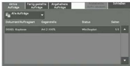 Aktive Aufträge Fertig gestaltete Aufträge Angehaltene Aufträge Aflaufträge Aufträge Schäßen Alle Aufträge Dokument/Auftragsart Gegenstelle Status Seiten 00065 - Kopkoren A4 D:100% Weld kopiert 1:1