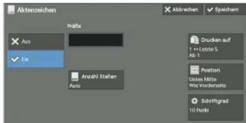 Aktenzeichen Abbrechen ✓ Speichern Präfix Aus Ein Anzahl Stellen Auto Drucken auf 1 == Letztie S. Ab 1 Position Uaten Mitte Wie Vordersette Schriftgrad 10 Funkt
