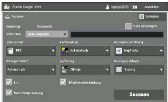 Access Google Drive Abmelden Scanen Schließen Scaning Documents Stern hinzufügen Datename Name eingeben Daterformat Farbiscannen Verlagengesrechnung PDF Automatisch Kapf links Verlagerformat Auflösung Verlagengesdruck Automatisch 200 dpi 1 seitig Ein Schatterunterdrückung Höhe Konsprisierung Scannen