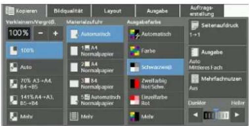 Kopieren Verkalem/Vergröß 100% + Materialzufahr Automatisch 1 A4 Normalpapier 2 A4 Normalpapier 3 B4 Normalpapier 5 Automatisch Normalpapier Ausgabefarbe Automatisch Farbe Schwazweizl Zweltfarbig Rot/Schw. Einzelfarbe Rot Mehr Auababe Auto Mittleres Fach Mehrfachnutzen Aus Daimler Heller Auftrags- erstellung Setenaufdruck 1-1