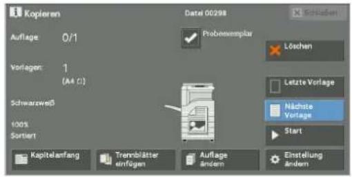 Kopieren Auflage 0/1 Vorlagen 1 (A4 €) Schwarzweiß 100% Sortiert Kapitelanfang Trennblätter einfügen Datei 00298 Probenemplar Löchen Letzte Vorlage Nächste Vorlage Start Einstellung ändern