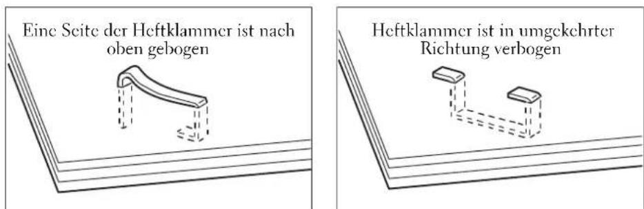 Eine Seite der Heftklammer ist nach oben gebogen Heftklammer ist in umgekehrter Richtung verbogen