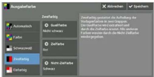 Ausgabefarbe Abbrechen Speichern Zweißfarbig Automatisch Qualifarbe Nicht schwarz Zielfarbe Rat Zweißfarbig Estarfagig Nicht-Zielfarbe Schwarz Zweißfarbig gestattet die Aufteilung der Vollagenfarbes in zwei Gruppen. Die Quellfarbe wird extrahort und durch die Zielfarbe erwartet. Als anderen Farben werden durch die Nicht Zielfarbe minderergebnis