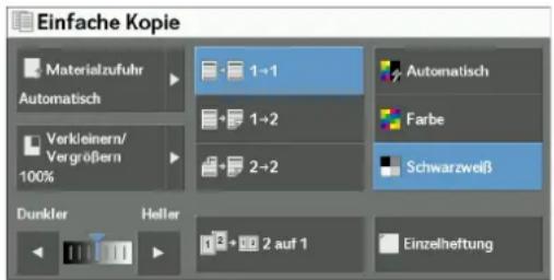 Einfache Kopie Materialzufuhr Automatisch Verkleinern/ Vergroßern 100% Dunkler Heller 1→1 1→2 2→2 1+ 2 auf 1 Automatisch Farbe Schwarzweiß Einzelheftung