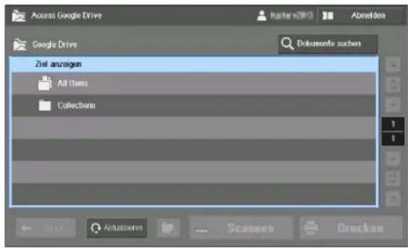 Access Google Drive Google Drive Ziel anzeigen All Items Collections Abmeldon Dokumente suchen 1 1 Aflustizen Scannen Drucken