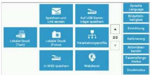 Sprache Language Bildsachim- heiligkeit Einrichtung Källbarerung Aktivitäten- bericht Faxempfangs- modus Druckmodus Speichem und Linkenden Auf USB-Daten- träger speichem Lokaler Druck (Text) Lokaler Druck (Fotes) Verarbeitungsprofile In WSD speichem Webdienst 2/2