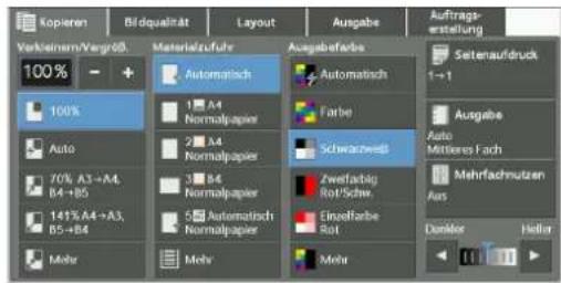 Kopieren Verkstern/Vengroß 100% Auto 70% A3+A4, B4+B5 141% A4+A3, B5+B4 Mehr Materialzuflur Automatisch A4 Normalpapier A4 Normalpapier B4 Normalpapier Automatisch Farbe Schwarzweiß Zweifarbig Rot/Schw. Einzelfarbe Rot Mehr Aus Au Mehrflachnutzen Aus Dänler Heller Auftrags- erstellung Seitenaufdruck 1-1 Ausgabe Auto Mittleres Fach Mehrflachnutzen Aus