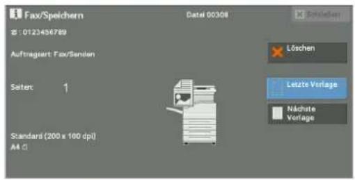 Fax/Speichern 0123436789 Auftragiert Fax/Sanden Seiten: 1 Standard (200 x 100 dpi) A4 G Datei 00308 Löschen Letzte Vorlage Nächste Vorlage
