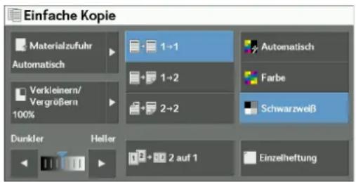 Einfache Kopie Materialzufuhr Automatisch Verkleinern/ Vergroßern 100% Dunkler Heller 1→1 1→2 2→2 Automatisch Farbe Schwarzweiß 2 auf 1 Einzelheftung