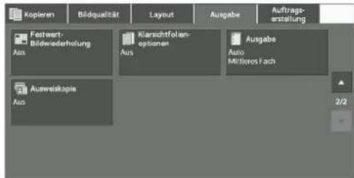 Kopieren Bildqualität Layout Ausgabe Auftrags- erstellung Festwert- Bildwiederholung Aus Kursichtfolen- optionen Aus Ausgabe Auto Mitklores Fach Auswelskopie Aus 2/2