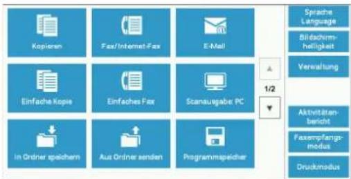 DELL C7765dn - Ausführen einer Kalibrierungus, ob ein Fax oder Internet-Fax an den Ordner eines Empfängers gesendet werden soll. Für das Senden an einen Ordner benötigen Sie vorab die Ordnernummer und den Ordnerzugriffscode des Empfängers.

1 Wählen Sie [Ein] aus.

2 Geben Sie die Ordnernummer des Empfängers über die Zifferntasten ein.

3 Wenn ein Zugriffscode festgelegt wurde, geben Sie diesen über die Zifferntasten ein.

HINWEIS • Wurde kein Zugriffscode festgelegt, lassen Sie die Textfelder leer, und wählen Sie [Speichern] aus.

![](images/d31c7ed5704288c45e04065ae862f6ebe860afbeba0d2d9b02919a41a09e4d2b.jpg)


Kalibrieren Sie den Drucker regelmäßig, um die Konsistenz der Druckfarben über die Zeit, bei unterschiedlichen Umgebungen und Geräten sicherzustellen.
Wählen Sie eine Rasterart im Fenster [Kalibrierung] aus, und führen Sie die Kalibrierung durch. Die Kalibrierungsdaten für die Rasterart werden gespeichert. Die gespeicherten Kalibrierungsdaten werden auf einen Druckauftrag angewendet, wenn diese Rasterart für den Auftrag verwendet wird. Die für einen Auftrag zu verwendende Rasterart wird in den Auftragseinstellungen festgelegt.
Die folgenden vier Rasterarten können im Fenster [Kalibrierung] ausgewählt werden.
• Kopierauftragl
Die Kalibrierungsdaten für [Kopierauftrag 1] werden angewendet, wenn [Text], [Foto &amp; Text] oder [Karte] für [Vorlagenart] ausgewählt wird.
• Kopierauftrag 2
Die Kalibrierungsdaten für [Kopierauftrag 2] werden angewendet, wenn [Foto] für [Vorlagenart] ausgewählt wird.
- Druckauftrag 1
Für PCL-Druckertreiber

Die Kalibrierungsdaten für [Druckauftrag 1] werden angewendet, wenn der Bildschirm für [Bildqualität], [Bildcinstellungsmodus] und [Bildarten], der auf der Registerkarte [Farboptionen] festlegbar ist, verwendet werden soll.   
Die Kalibrierungsdaten für [Druckauftrag 1] werden angewendet, wenn auf der Registerkarte [Erweitert] die Option [Automatisch], [Fein] oder [Standard] für [Raster] ausgewählt ist.

Für PostScript-Druckertreiber

Die Kalibrierungsdaten für [Druckauftrag 1] werden angewendet, wenn auf der Registerkarte [Farboptionen] die Option [Hohc Qualität] oder [Hohc Auflösung] für [Bildqualität] und [Automatisch], [Fein] ausgewählt ist, oder wenn die Option [Standard] für [Raster] ausgewählt ist.   
Die Kalibrierungsdaten für [Druckauftrag 1] werden angewendet, wenn auf der Registerkarte [Farboptionen] die Option [IIohe Geschwindigkeit] für [Bildqualität] und [Fein] ausgewählt ist, oder wenn die Option [Standard] für [Raster] ausgewählt ist.

- Druckauftrag 2
Für PCL-Druckertreiber

Die Kalibrierungsdaten für [Druckauftrag 2] werden angewendet, wenn auf der Registerkarte [Erweitert] die Option [Abstufung] für [Raster] ausgewählt ist, es sei denn, die Option [Hohe Auflösung] wurde für [Bildqualität] ausgewählt.   
Die Kalibricrungsdaten für [Druckauftrag 2] werden angewendet, wenn auf der Registerkarte [Erweitert] die Option [Seitendruckmodus] ausgewählt ist, es sei denn, die Option [Hohe Auflösung] wurde für [Bildqualität] festgelegt.

Für PostScript-Druckertreiber
- Die Kalibrierungsdaten für [Druckauftrag 2] werden angewendet, wenn auf der Registerkarte [Farboptionen] die Option [IIohe Geschwindigkeit] für [Bildqualität] und [Automatisch] ausgewählt ist, oder wenn die Option [Fcin] für [Raster] ausgewählt ist.
HINWEISa57a7ae7be67112912e3cbc03bd4263156fbe9110925c58bf.jpg)



Es wird empfohlen, die Kalibrierung für jede der vier Rasterarten durchzuführen. Nach der Kalibrierung für die erste Rasterart wählen Sie die nächste Rasterart und wiederholen den Vorgang.   
Wenn die gedruckten Farben trotz regelmäßiger Kalibrierung nicht korrekt angezeigt werden, wenden Sie sich bitte an den Kundendienst unter dell.com/contactdell.

- Stellen Sie vor der Kalibrierung sicher, dass die folgenden Einstellungen unter [Verwaltung] > [Systemeinstellung] > [Kopierbetrieb] > [Kopierstandardeinstellung] im Verwaltungsmodus vorgenommen wurden.
-Heller/Dunkler: Normal
-Kontrast: Normal
-Schärfe: Normal
-Sättigung: Normal
-Farbabstimmung: 0, 0, 0
-Tonabstimmung: Normal
- Sie können die oben aufgeführten [Kopierstandardeinstellung]-Einstellungen nach der Kalibrierung wieder ändern.
- Informationen zu [Kopierstandardeinstellung] finden Sie unter „Kopierstandardeinstellung“ (P.361).
- Während der Kalibrierung kann das Gerät keine Druckaufträge oder Faxe empfangen.
Nachfolgend wird die Kalibrierung des Geräts beschrieben.
1 Wählen Sie die Option [Kalibrierung] im Fenster [Startseite] aus.


text_image>

Kopieren
Fax/Internet-Fax
E-Mail
Sprache Language
Bildachim-
helligkeit
Verwaltung
Einfache Kopie
Einfaches Fax
Scanausgabe PC
1/2
Aktiveräten-
bericht
In Ördner spechen
Aus Ördner senden
Programmpreicher
Farempfangi-
modus
Druckmodus

HINWEIS • Wenn mehr als ein Rundsendungsziel vorhanden ist, wiederholen Sie Schritt 4.

5 Um ein Dokument auch an der Relaisstation zu drucken, wählen Sie die Einstellung [Ein] für [Auf Relaisstat. drucken] aus.   
6 Wählen Sie [Speichern] aus. - 3
