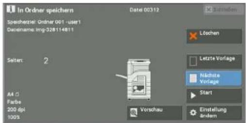 In Ordner speichern Speicherziel: Ordnar 001 -user1 Datasame: img-328114811 Seiten: 2 A4 Farbe 200 dpi 100% Datei 00312 Löchen Letzte Vorlage Nächte Vorlage Start Vorschau Einstellung ändern