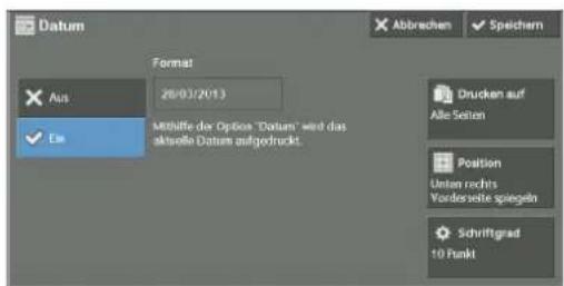 Datum Format Aus 28/03/2013 Ein Methäfte die Option "Datum" wird das aktuelle Datum aufgedruckt. Abbrachen Speichern Drucken auf Alle Seiten Position Unter rechts Vorde soite spiegeln Schriftgrad 10 Punkt