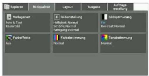 Kopieren Bildqualität Layout Ausgabe Auftrags- erstellung Vorlagenart Forte & Text Rasterbild Bildeinstellung Heiligkeit: Normal Schäfer: Normal Nichtung: Normal Bildoptimierung För Kontrast: Normal Farbefekte Abs Farbabetinigung Normal Tonabstimmung Normal