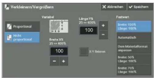 Verkleinern/Vergrößern Abbrechen Speichern Proportional Nicht proportional Variable Länge Y% 25 = 400% 100 Breite X% 25 = 400% 100 Fastwert Breite: 100% 12ange: 100% Automatisch Das Materialkonnat anpassen Breite: 50% 12ange: 100% Breite: 70% 12ange: 100% X.Y. fischer