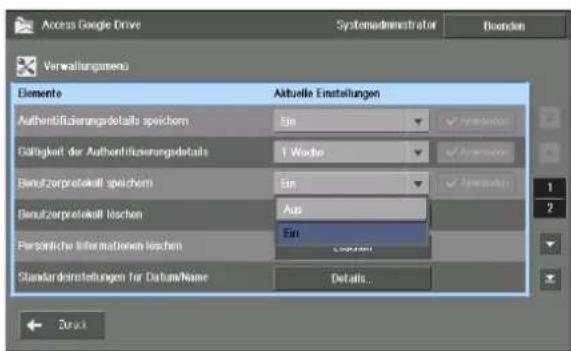 Access Google Drive SystemAdministrator Biosiden Verwaltungsmens Elemente Aktuelle Einstellungen Authentifizierungsdotells speichern Ein Gäßigkeit der Authentifizierungsdotells 1 Woche Aus Benutzerprelakelt speichern Ein Benutzerprelakelt rischen Aus Persönliche Informationen rischen Ein Standardinstellungen für Datum/Name Details...