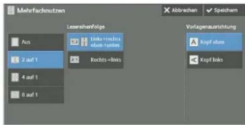 Mehrfachnutzen Abbrechen ✓ Speichern Lesereihenfolge Aus 2 auf 1 4 auf 1 0 auf 1 Links+rechts obst+vatten Rechts+links Vorlagenausrichtung Kupf obes Kupf links
