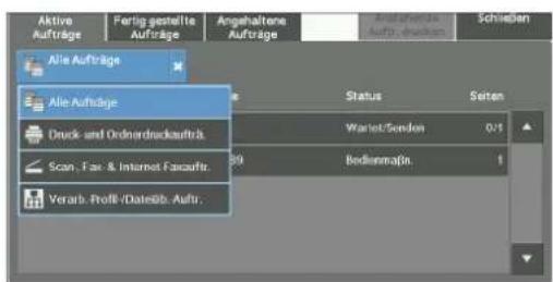 Aktive Aufträge Fertig gestellte Aufträge Angehaltene Aufträge Aufträge Schlossen Alle Aufträge Alle Aufträge Deck- und Erdminderkaufträ. Scan. Fax. & Internet-Facauftr. Verarb. Profil-/Dateib. Aufr. Status Seiten Wariet/Sendon 0:5 Bedionmaße. 39