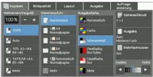 Kopieren Verkalem/Vergröß 100% + - Materialzufr Automatisch 1 A4 Normalpapier 2 A4 Normalpapier 3 B4 Normalpapier 5 Automatisch Normalpapier Mehr Ausgabefarbe Automatisch Farbe Schwartzweil ZweiFarbig Rot/Schw. Einelfarbe Rot Mehr Auftrags- erstellung Setenaufdruck 1-1 Ausgabe Auto Mittleres Fach Mehrfachnutzen Aus Denskor Heller